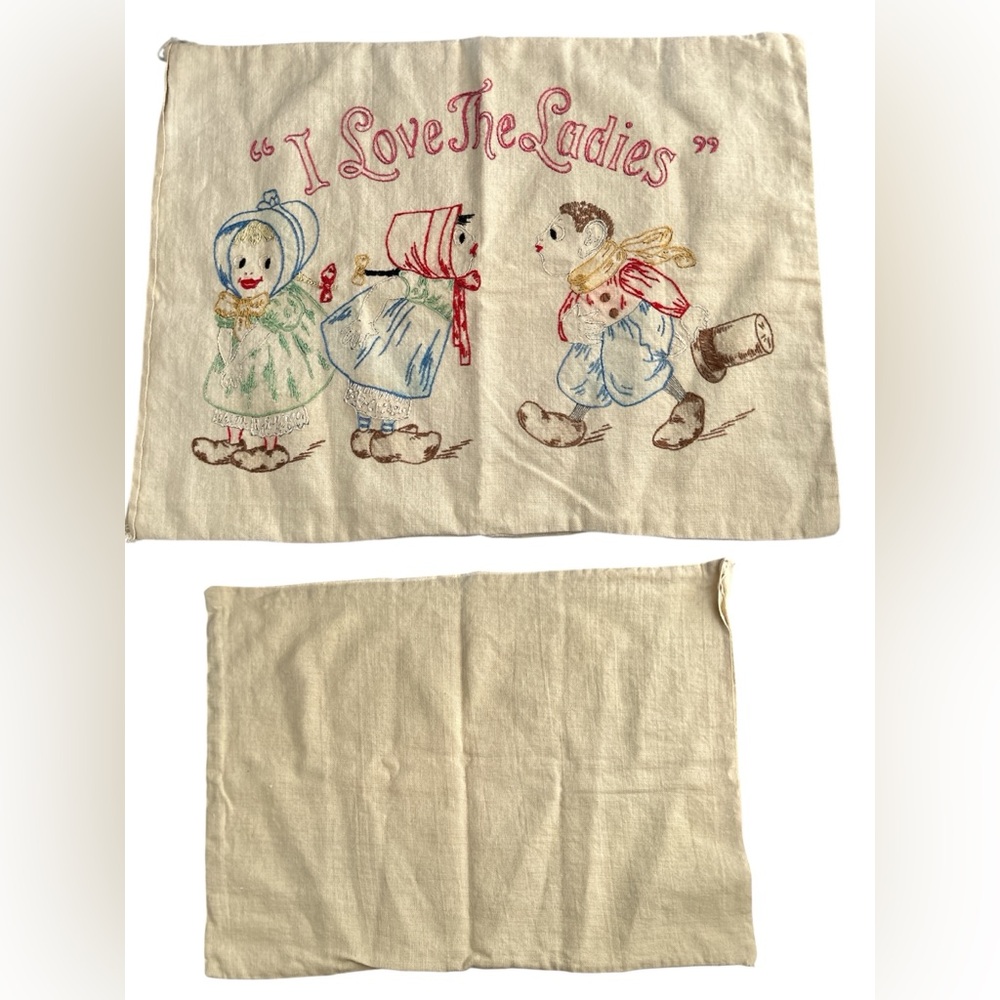 Embroidered Antique Pillowcase with Playful Characters